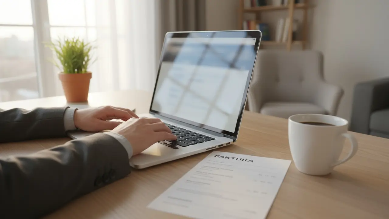Person sidder ved skrivebord og indberetter fradrag online med faktura ved siden af