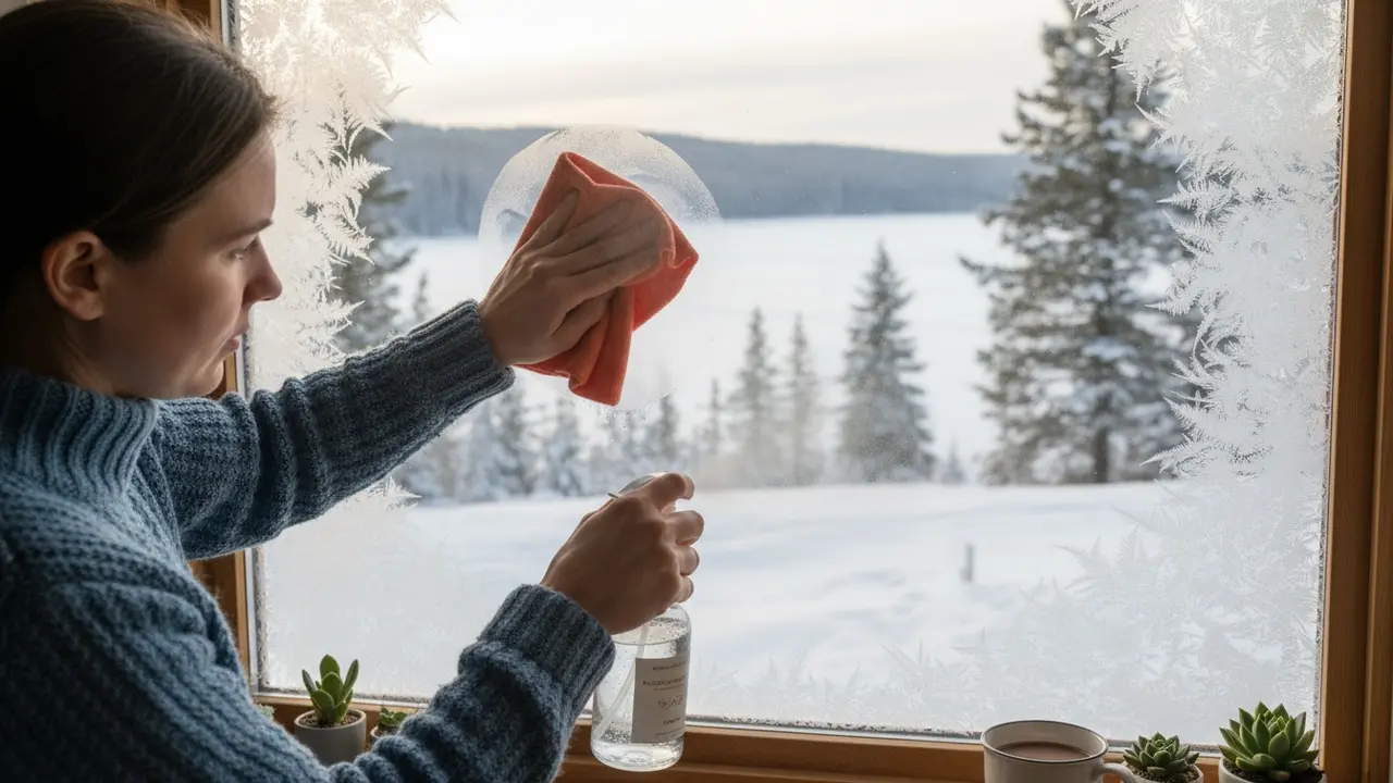 Indvendig pudsning af vindue på vinterdag med sne udenfor, person tørrer med klud og sprøjte