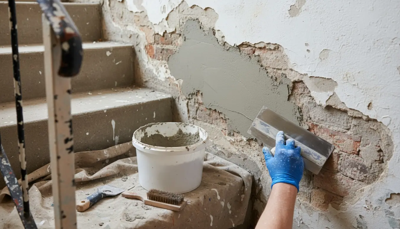 En handske iført hånd udfylder frisk puds på en afskallet ydermur ved en kældertrappe.