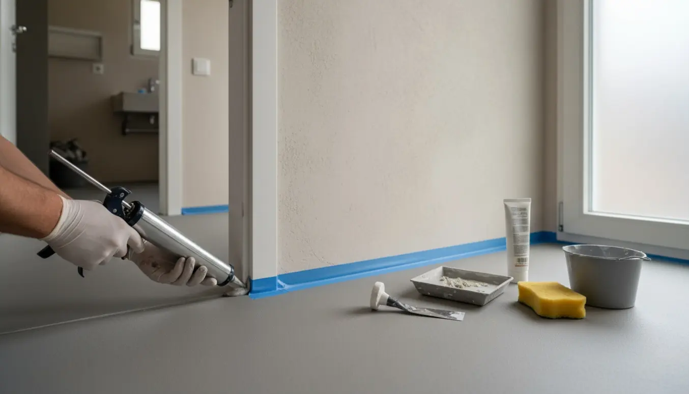 Nærbillede af præcis fuge mellem mikrocementgulv og væg med fugeværktøj i et lyst badeværelse.