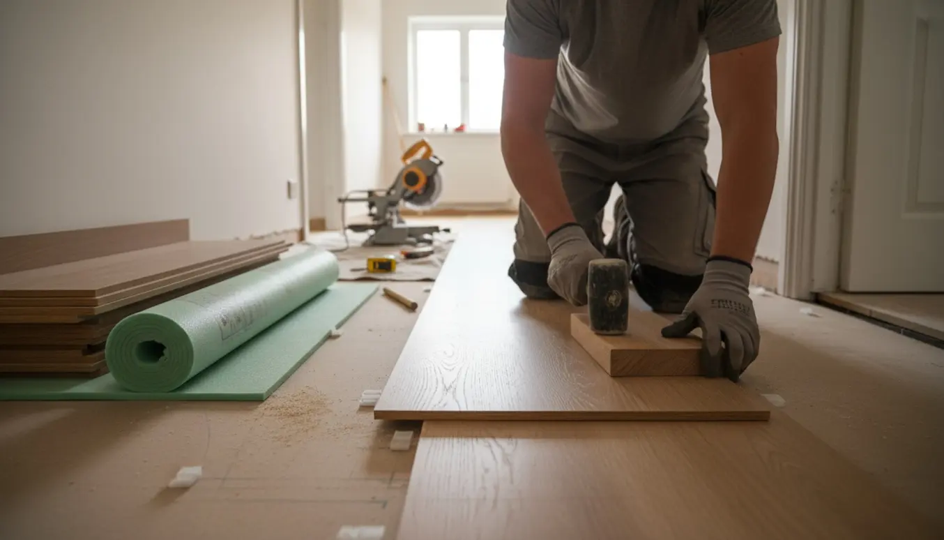 Nærbillede af en gang, hvor nyt trægulv bliver lagt med planker, underlag og værktøj.