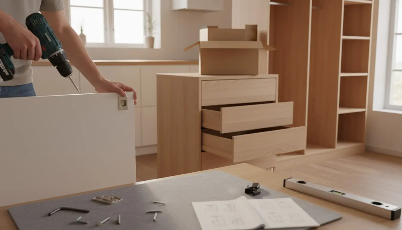 Nærbillede af hænder, der samler en kommode og monterer køkkenlåger i et lyst skandinavisk hjem.