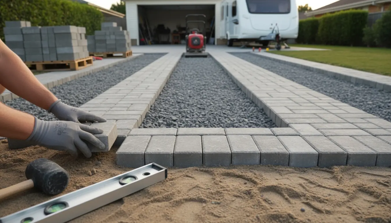 Nærbillede af hånd, der lægger fliser i to kørespor på en indkørsel med værktøj og materialer omkring.