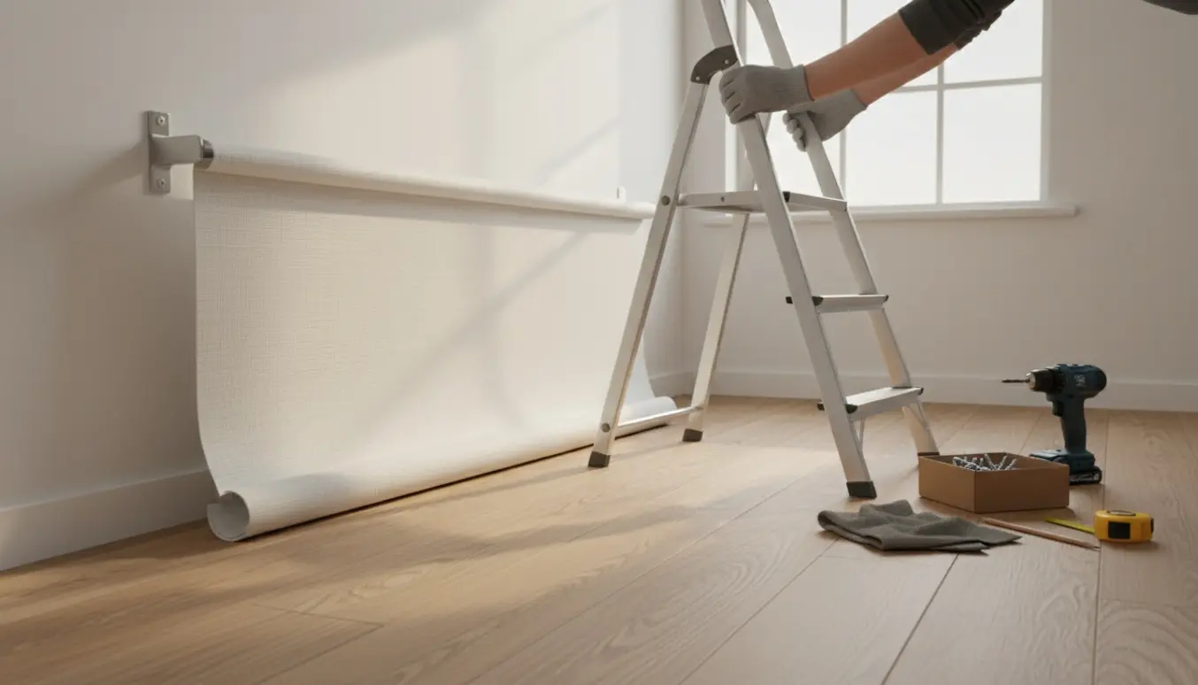 En person på en stige genopsætter et stort rullegardin med værktøj lagt klar på gulvet.