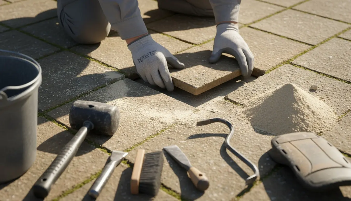 Hænder udskifter en kvadratisk flise på en solbelyst stenbelægning med værktøj ved siden af.