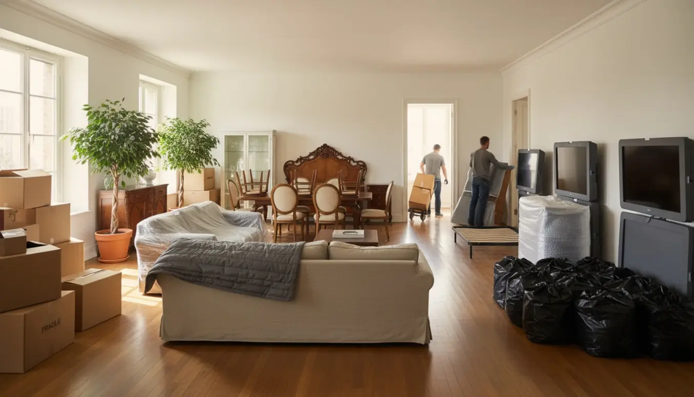 Flyttefolk læsser kasser, møbler og store potteplanter ud af en solbelyst lejlighed under en akut flytning.