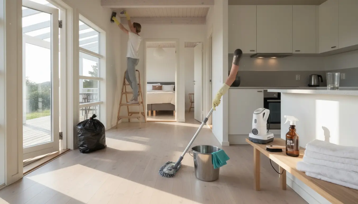 Indvendigt sommerhus med morgensol, rengøringsudstyr og handsker, der vasker gulvet.