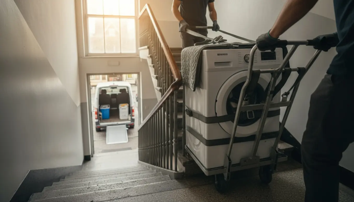 En vaskemaskine bæres ned ad en opgangstrappe på en tralle med flytteudstyr.