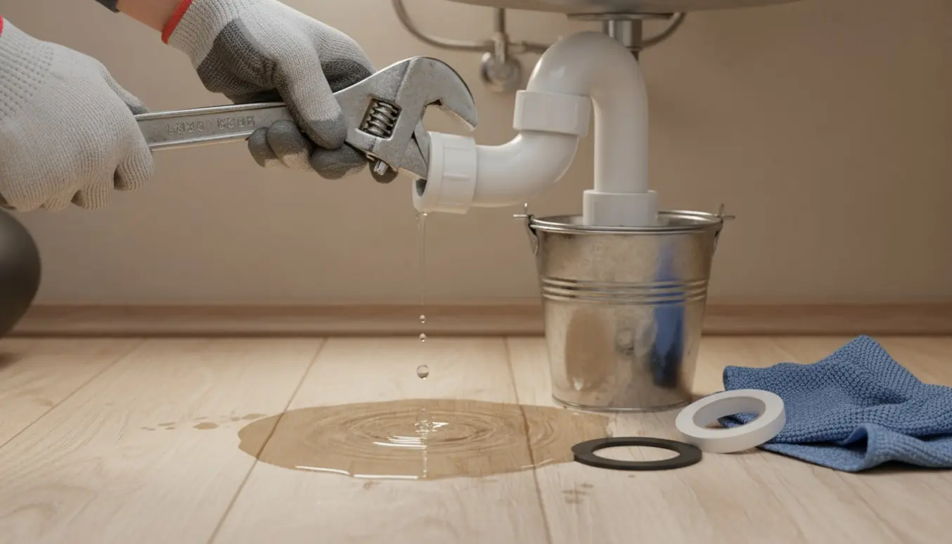 Hænder udskifter utæt pakning på vandlås under vask med spand og skruenøgle.