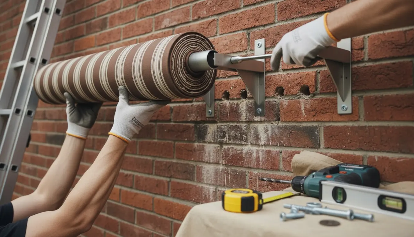 Nærbillede af opsætning af markise på murstensvæg med hænder, beslag, bolte og værktøj.