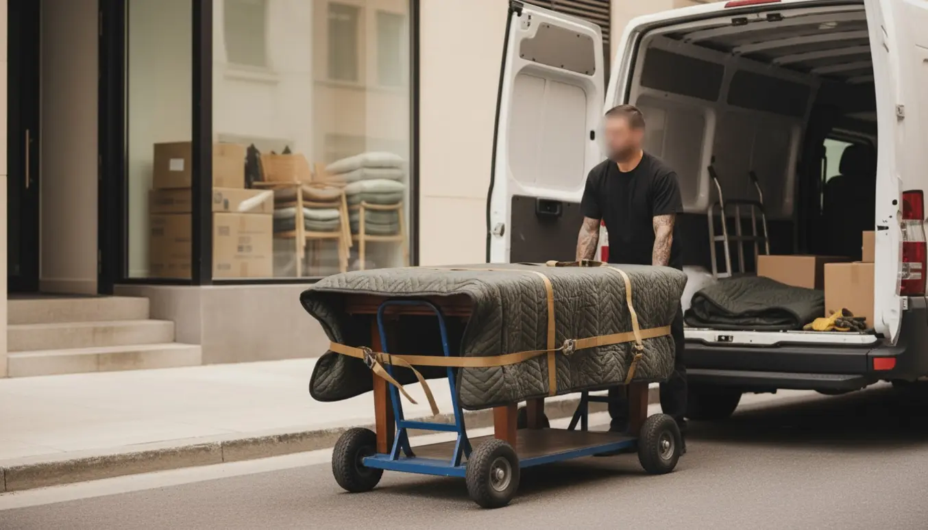 Et indpakket træspisebord løftes ind i en hvid varevogn uden for en lejlighedsbygning.