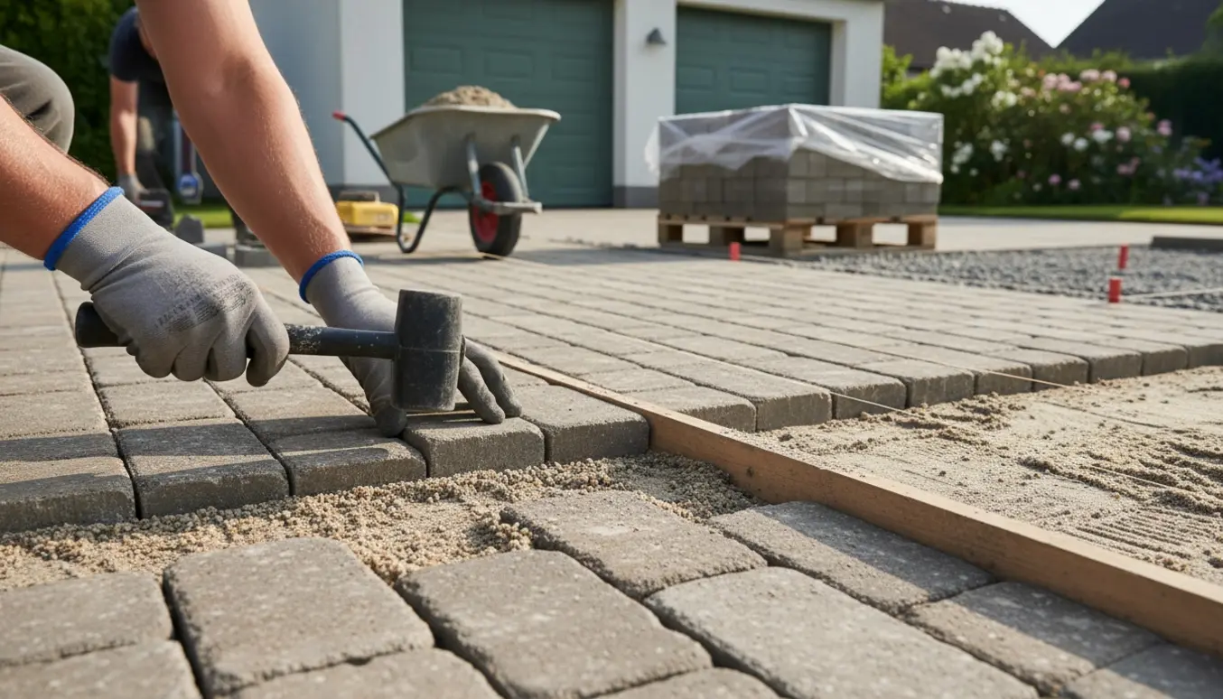 Indkørsel under anlæg med chaussesten på sandbund, værktøj og en hånd der slår en sten på plads.