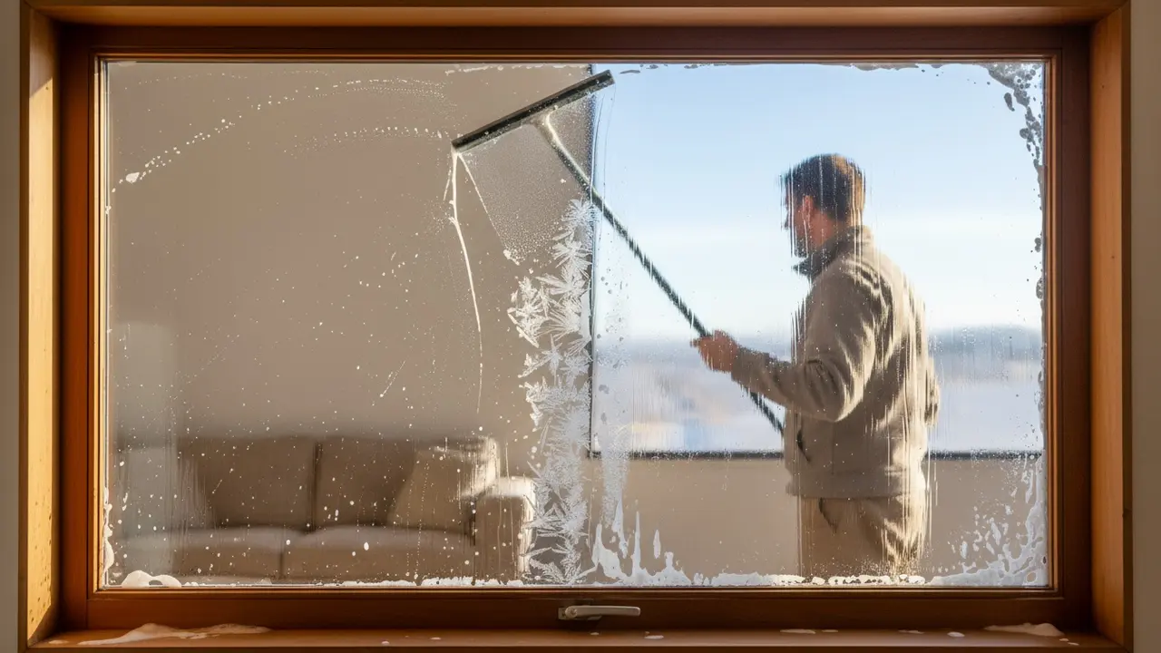 Person pudser vindue, ude ses regn til venstre, frost i midten og sol til højre.