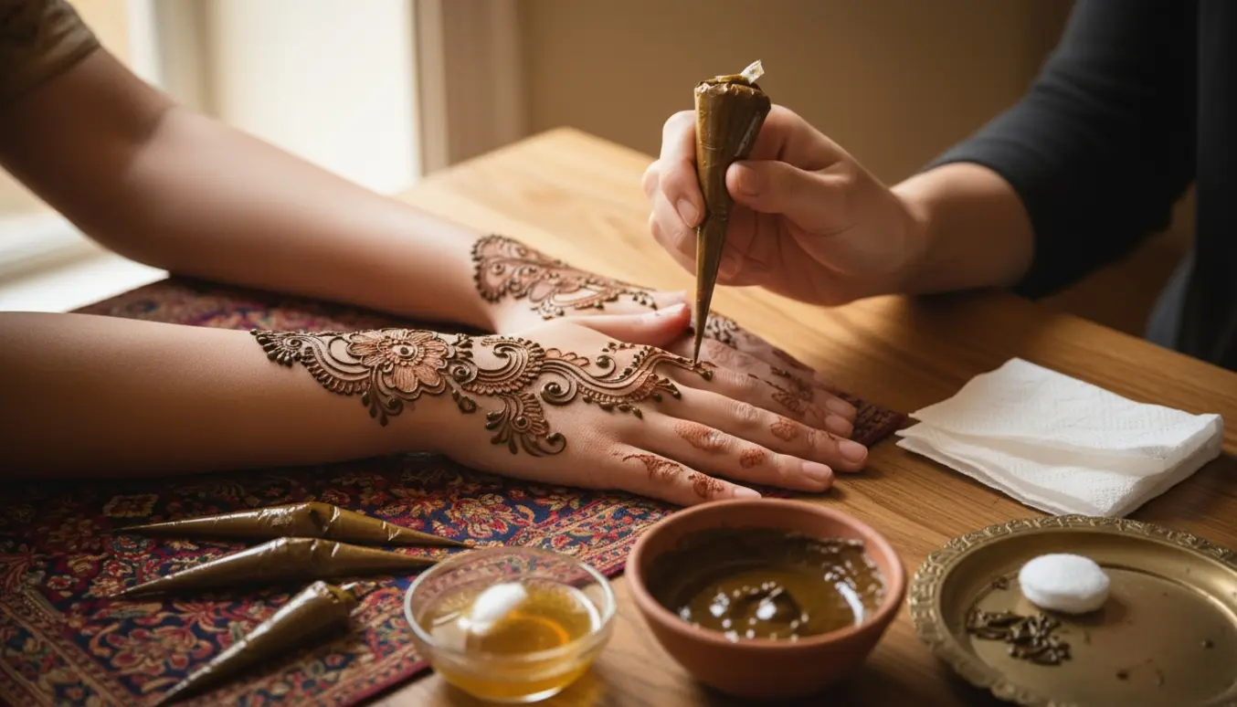 Nærbillede af hænder hvor henna påføres med en konus med skåle med henna og citron-sukkerblanding ved siden af.