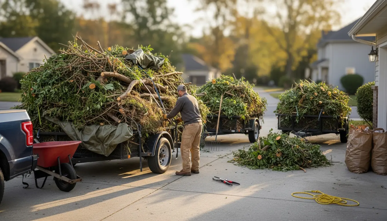 Stor bunke haveaffald på trailer ved indkørsel klar til afhentning, med værktøj og en person set bagfra.