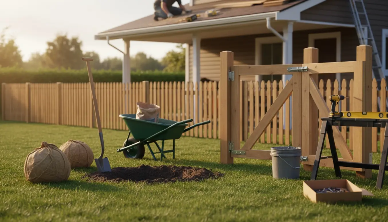 Delvis monteret trælåge ved hegnet, udgravet hul til to store buske og værktøj på græsplænen.
