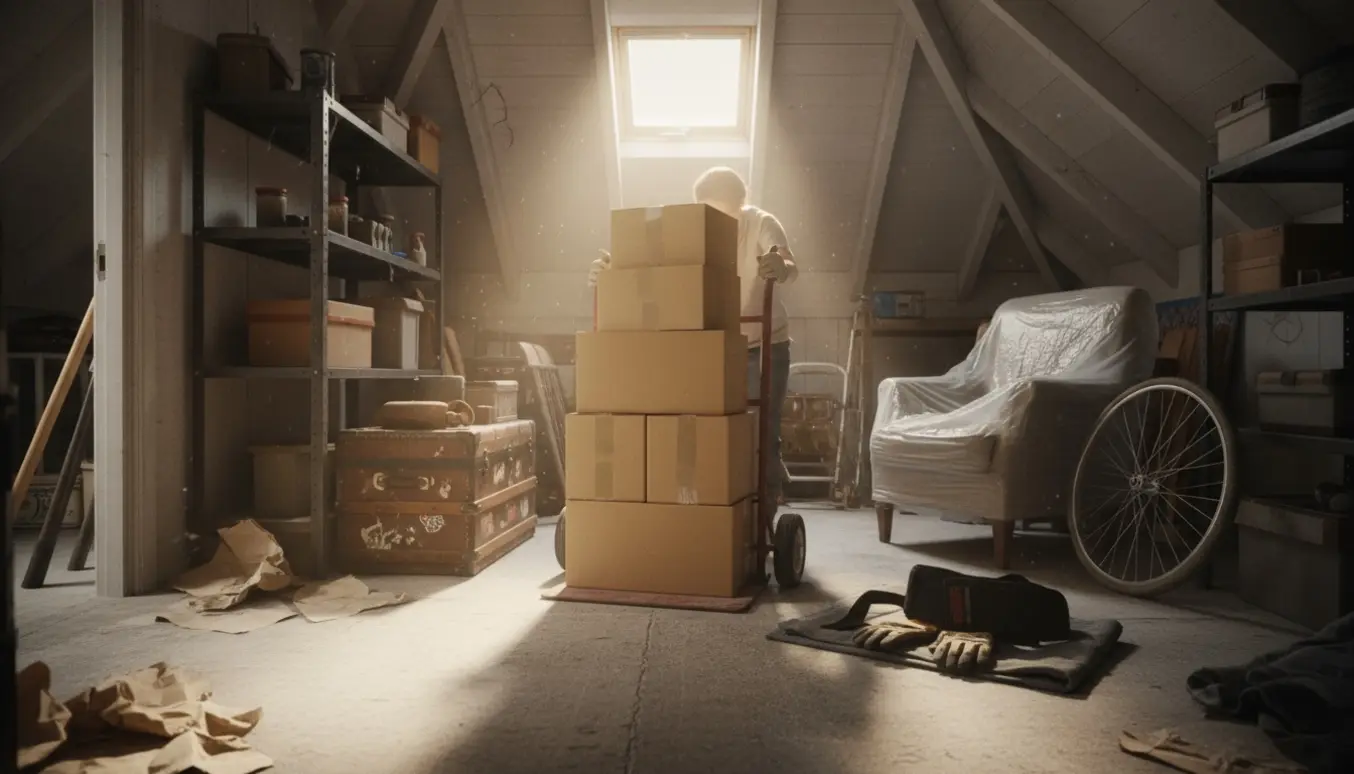 Flyttefolk tømmer et loftsrum med kasser, møbler og et flyttestativ i blødt naturligt lys.