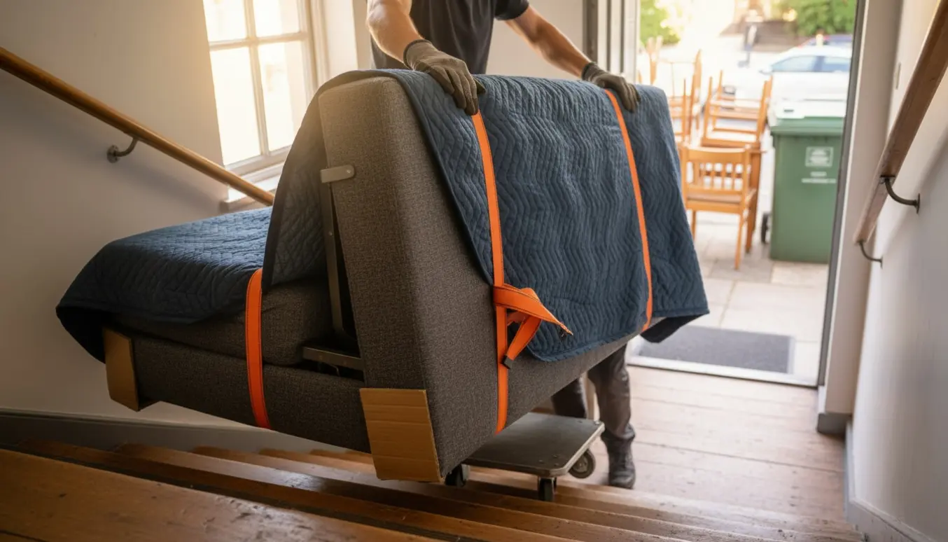 To personer bærer en sovesofa ned ad trappen mod storskrald, pakket ind i flyttetæpper og løftestropper.