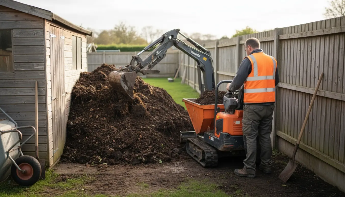 Mini-graver og mini-dumper fjerner en ca. 10 m³ jord- og kompostbunke bag et skur.