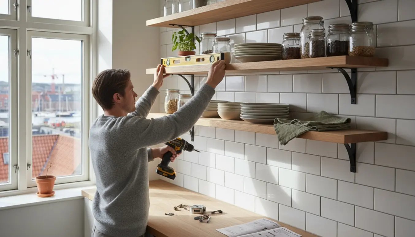 Hænder monterer tre svævehylder i et lyst køkken i København med træhylder og køkkenting.