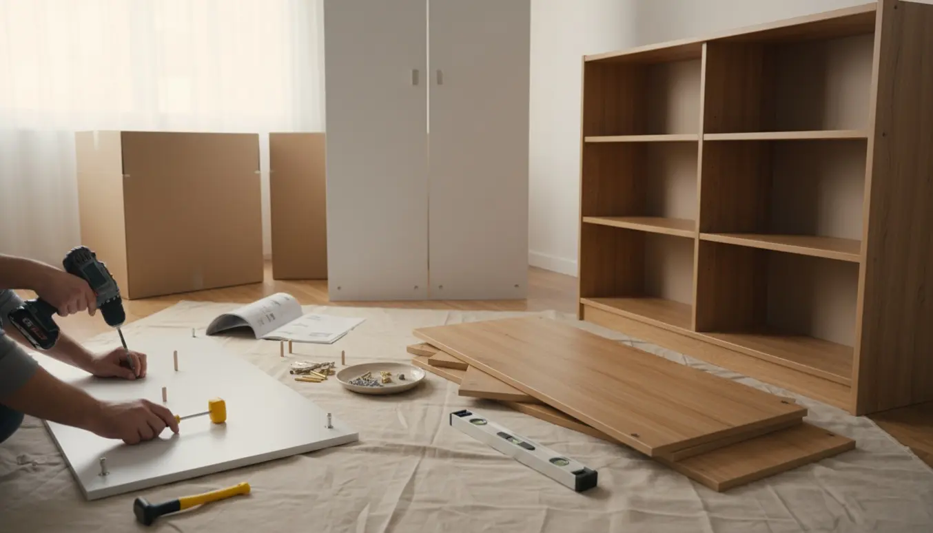 Hænder monterer hylder og beslag på en reol og to garderobeskabe i en lys stue.