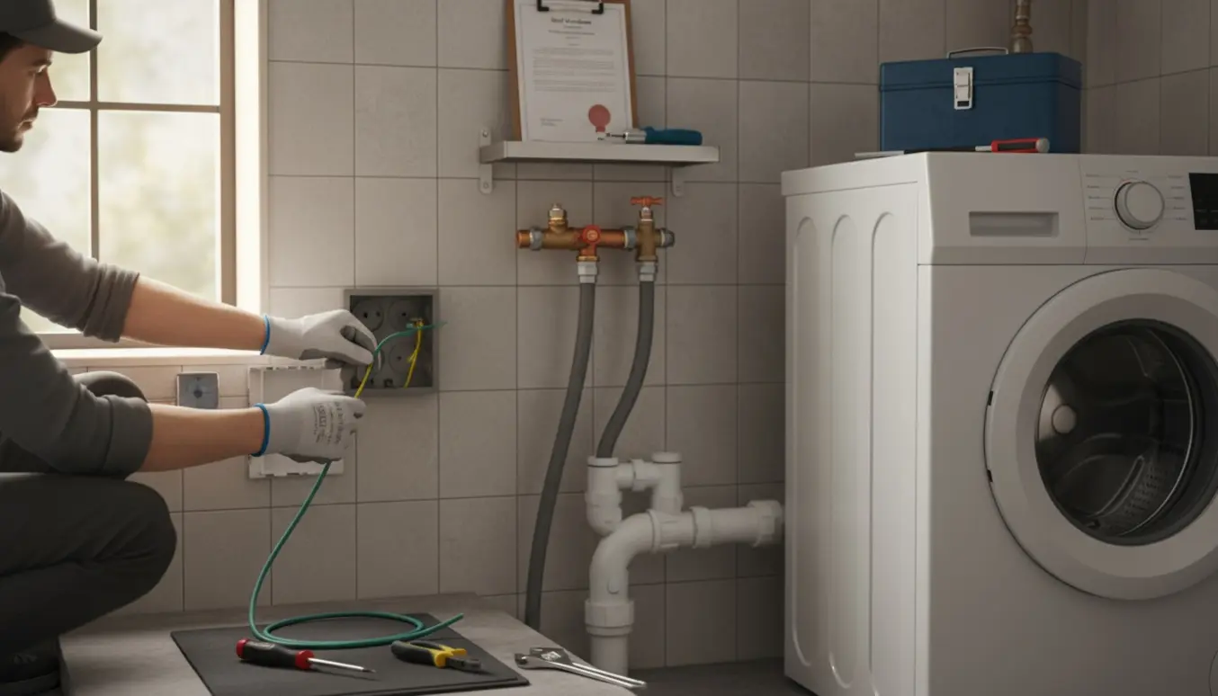 Tekniker tilslutter jordforbindelse og vaskemaskineafløb i et lyst bryggers med dokumentation klar på en clipboard.
