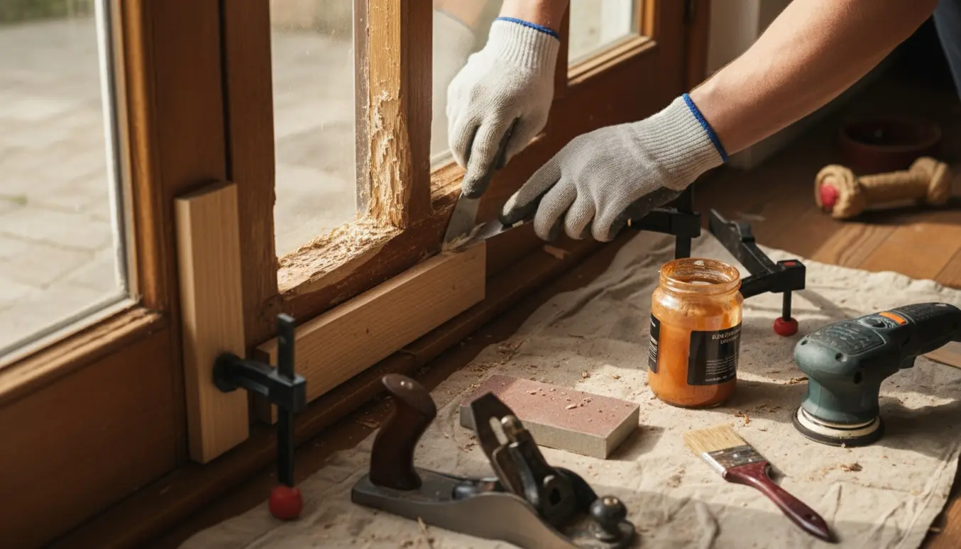 Nærbillede af hænder, der reparerer bidmærker i trævindue med spartelmasse og værktøj i naturligt dagslys.