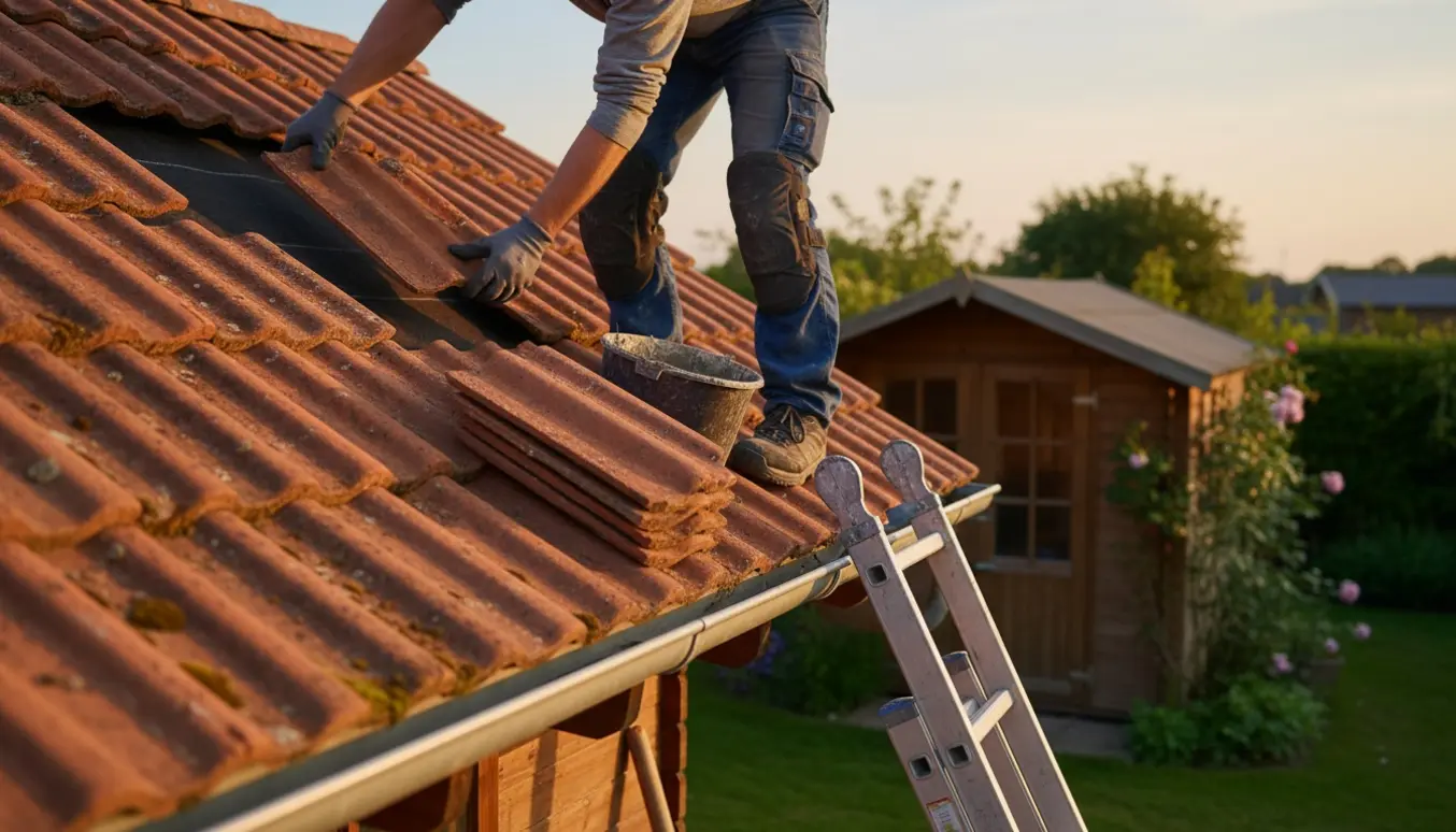 Person på stige sætter en faldet teglsten tilbage på øverste venstre del af et rødt tegltag over et skur med mørtel og værktøj ved siden af.