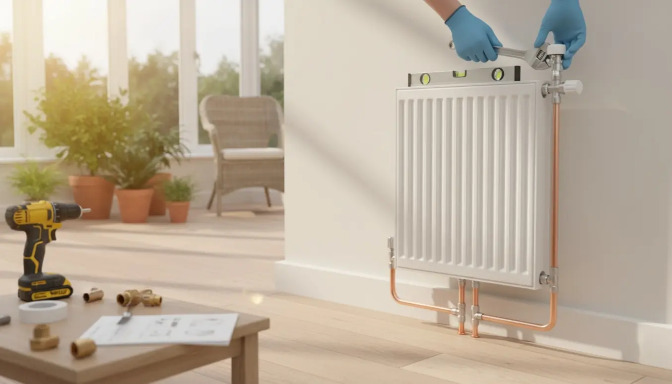 Ny hvid radiator med termostat monteret i en lys udestue, håndværker justerer ventilen.