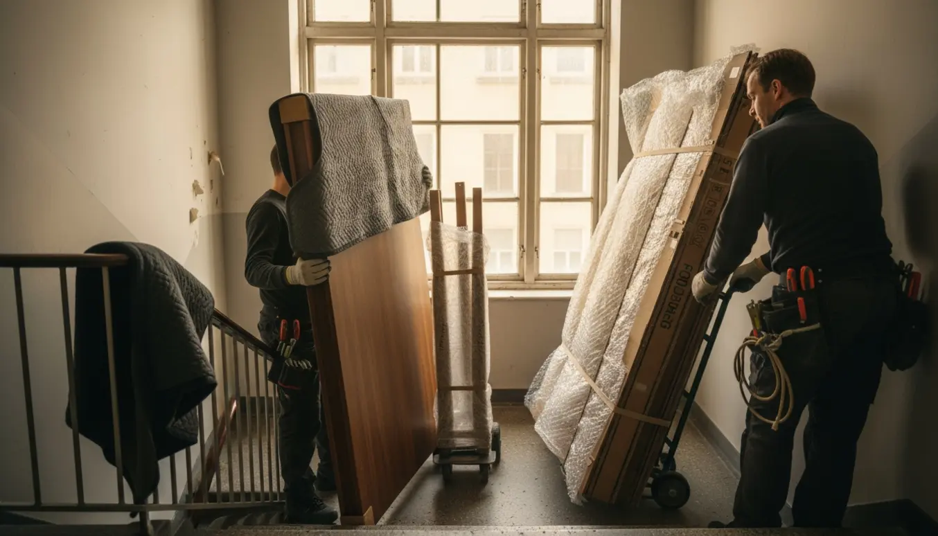 Afmonteret spisebord og stor foldevæg bæres op ad en trappe uden elevator, pakket i tæpper og sikret på dolly.