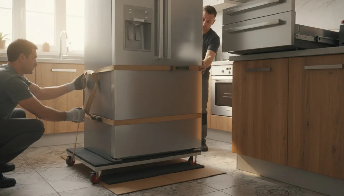 Køle/fryseskab sænkes forsigtigt ned på gulvet fra et skuffeelement i et lyst køkken.