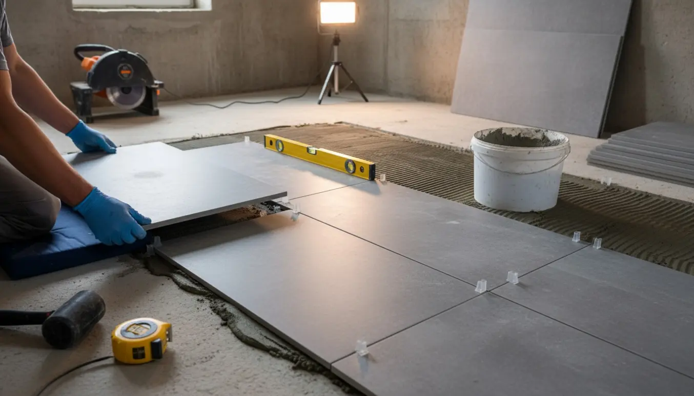 Delvist lagt gulv i en kælder med store rektangulære fliser og værktøj omkring.