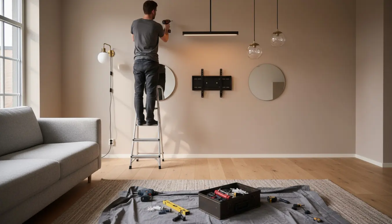 Hænder monterer lamper, vægbeslag til fjernsyn og spejle i en lys, moderne stue.