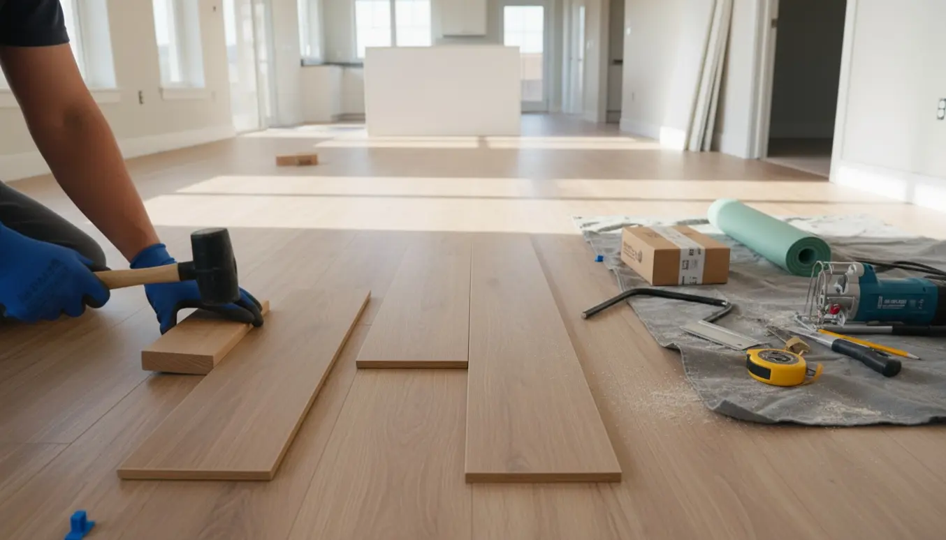 Håndværker klikker trægulvsplanker på plads i en åben bolig med værktøj og underlag.
