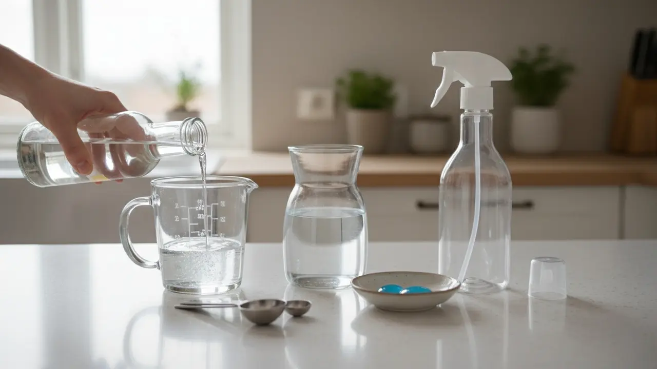Ingredienser på køkkenbord: målebæger med eddike, kande med vand, dråber opvaskemiddel og sprayflaske
