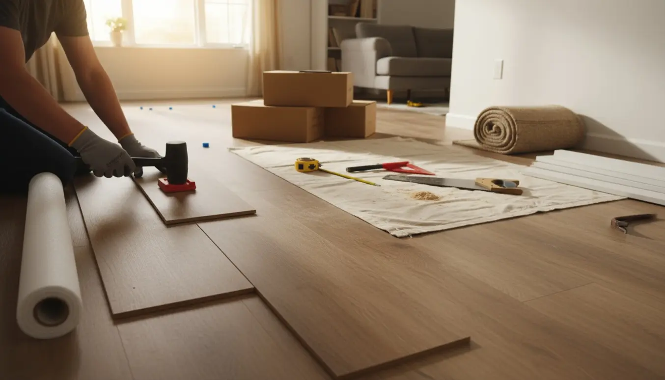 Lægning af laminatgulv i stue med planker, underlag og værktøj, ansigt ude af billedet.