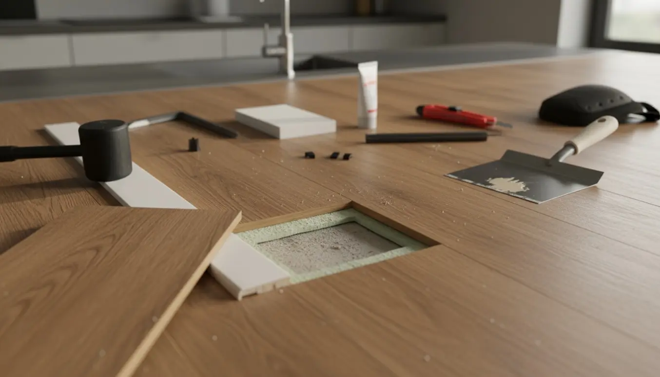 Nærbillede af køkkengulv med et lille rektangulært hul og en matchende plank klar til at blive lagt.