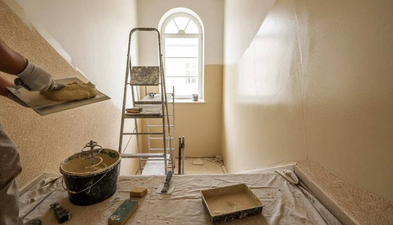 Trappeskakt i rækkehus med stige og stillads, hvor hænder glatter indfarvet kalkspartel over ru savlsmuldstapet.