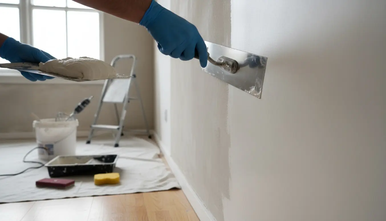 Nærbillede af hænder, der pudser en ujævn indvendig væg med spartel og frisk puds i et lyst rum.