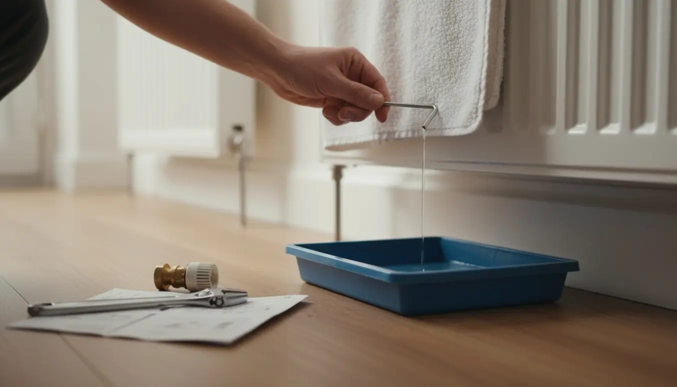 Hænder udlufter en hvid radiator med radiatornøgle, mens nyt termostat og værktøj ligger på gulvet.