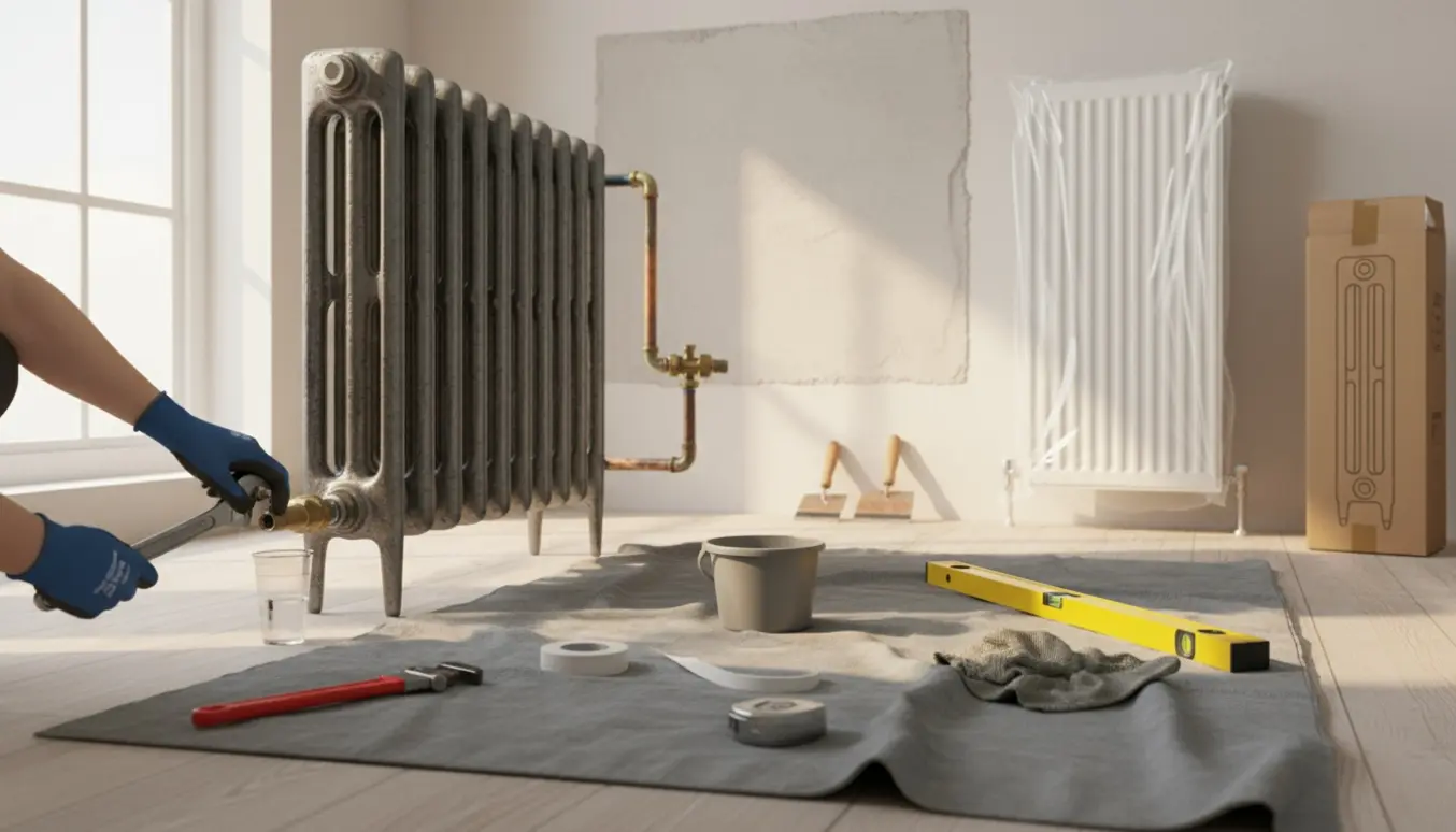 Afmontering af radiator med værktøj og en ny slank radiator klar til montering.