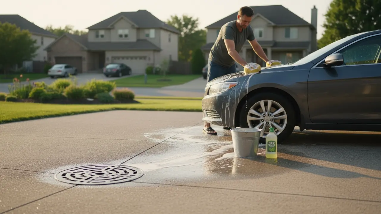 Person vasker bil i indkørsel med spand og miljøvenligt vaskemiddel, synlig regnvandsrist.