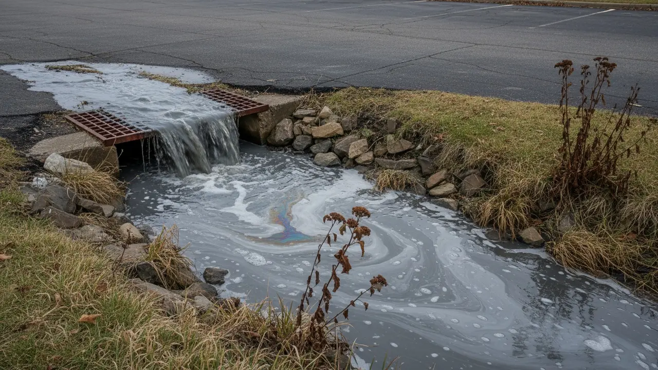 Forurenet vaskevand med sæberester og olie løber fra regnvandsrist til et nærliggende vandløb.