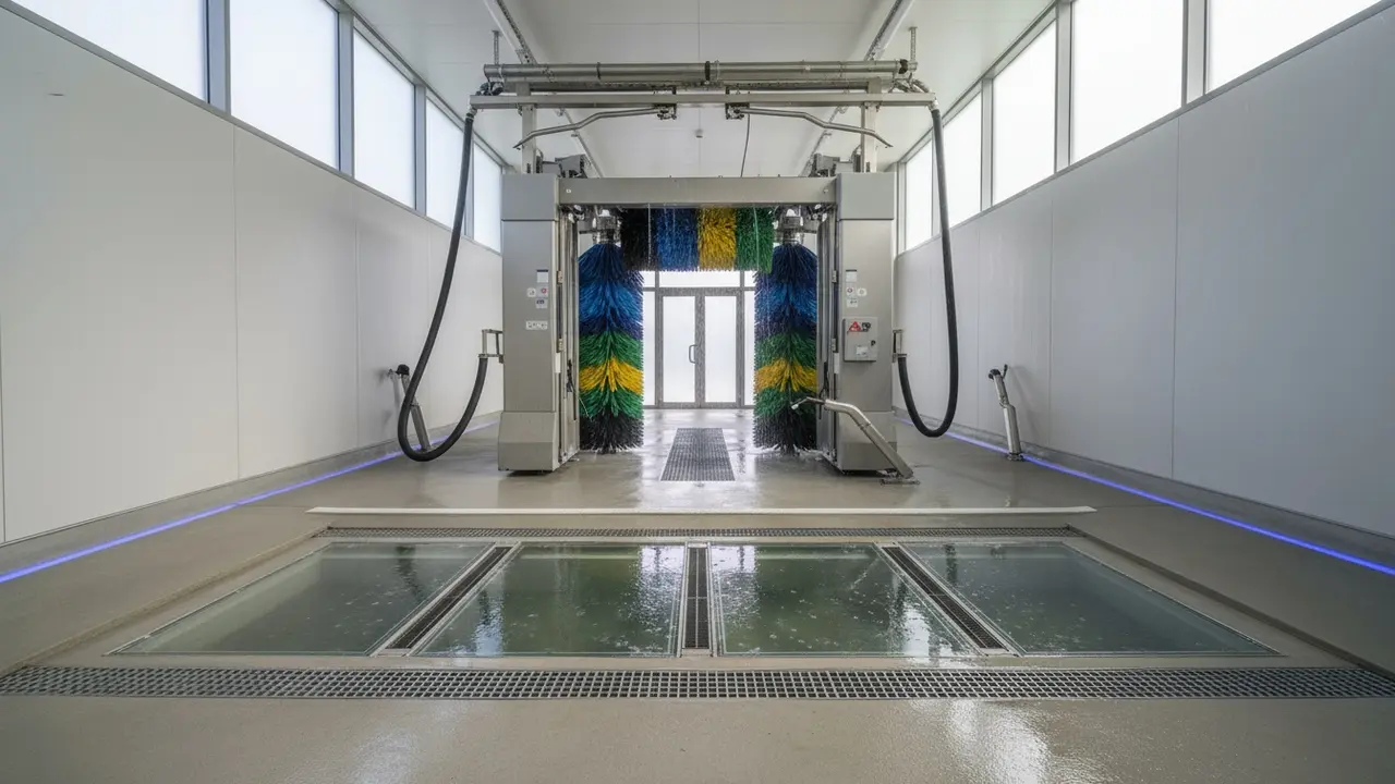 Indendørs vaskehal med automatisk vaskeudstyr og system til opsamling og genbrug af vaskevand.