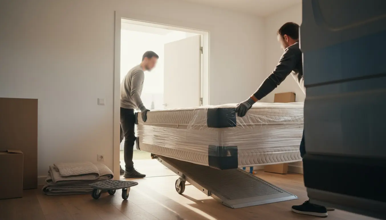 To personer løfter en indpakket madras (140x200 cm) ud gennem en dør mod en flyttebil.