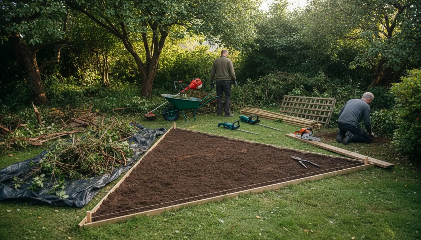 Værktøj og hænder i profil rydder buske og anlægger et trekantet bed i havens nordvestlige hjørne.