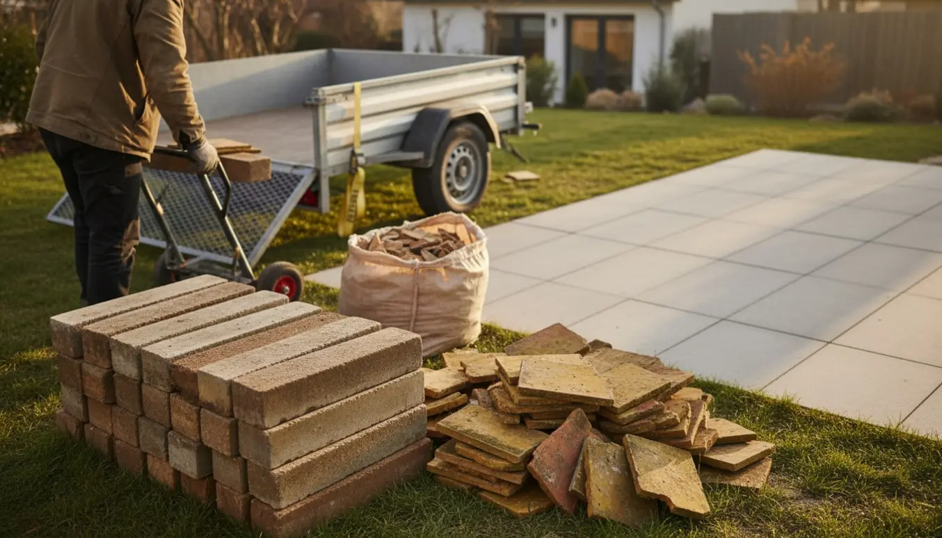 Trailer lastes med gamle soldaterfliser og små gule fliser fra en terrasse, med en åben pose fyldt med flisestumper.