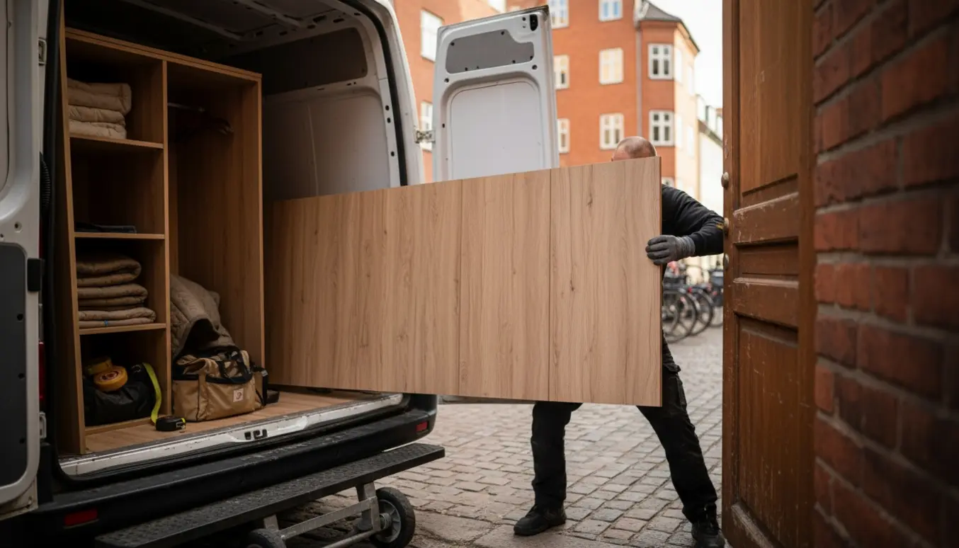 To personer bærer et langt, adskilt klædeskab fra en varevogn ind i en stuelejlighed.