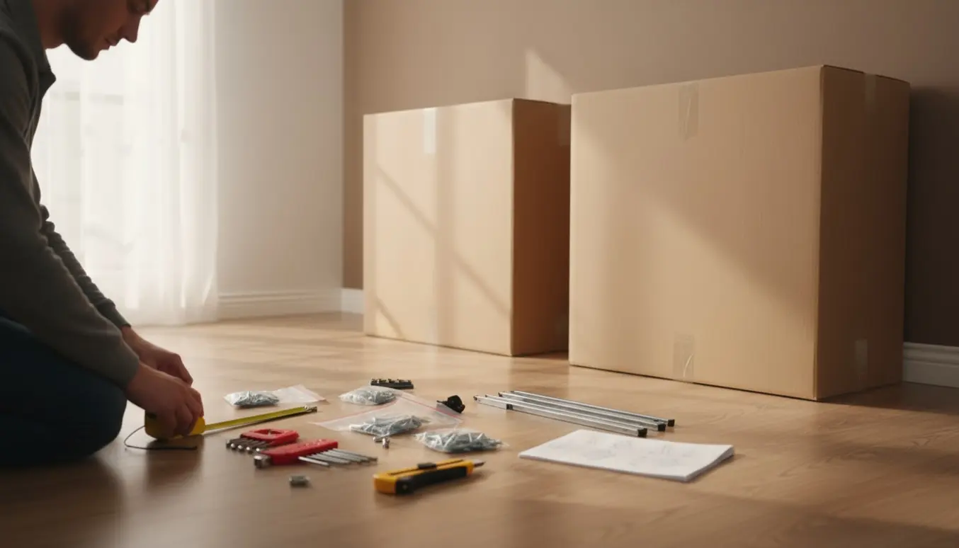 To uåbnede flade papkasser i en lys stue med værktøj klargjort til montering af en kommode og en skænk.