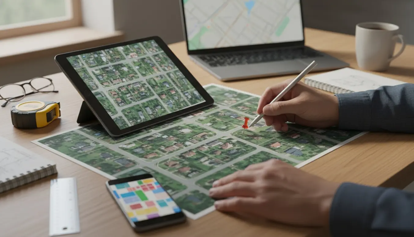 Hænder placerer præcist en markør på et satellitbillede af et hus på et skrivebord.